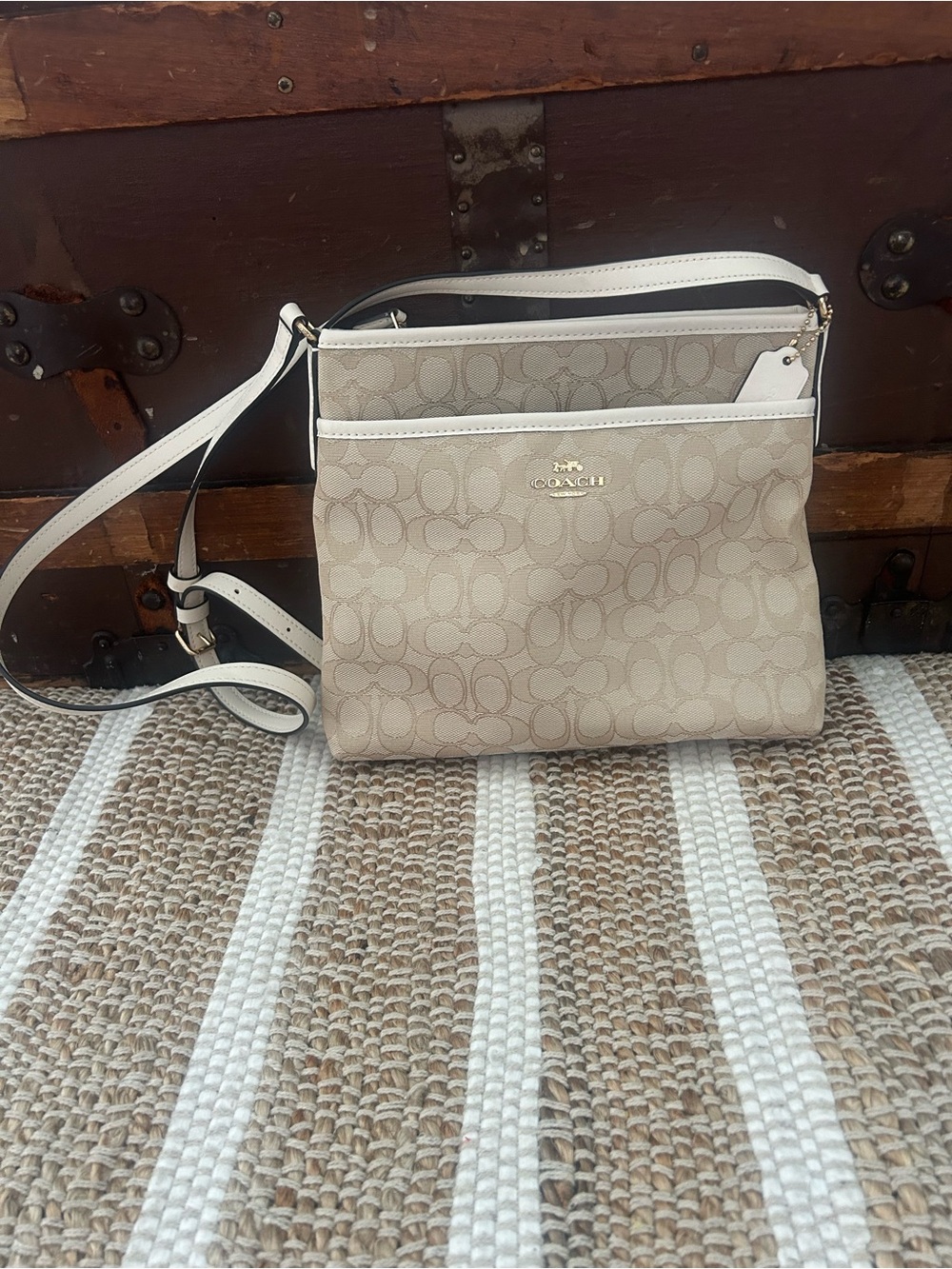 Coach Beige Signature Crossbody with White Trim and Gold Hardware